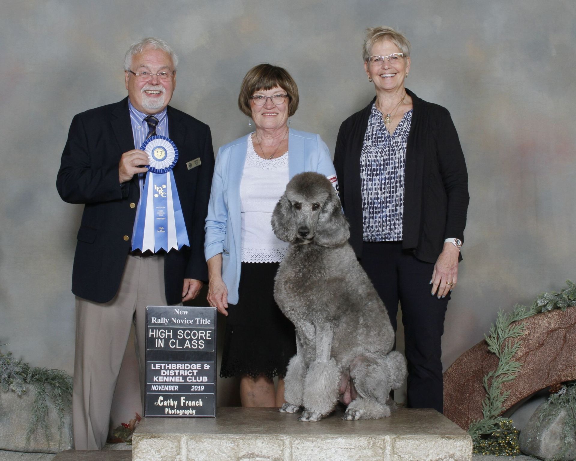 Dog show: Poodle with ribbon, flanked by three people on a stage. The dog is gray and stands on a platform.