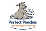 Dog holding a diaper, logo for "Perfect Pooches" dog training and grooming.