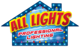 Logo for "All Lights Professional Lighting" in a house shape with festive lights.