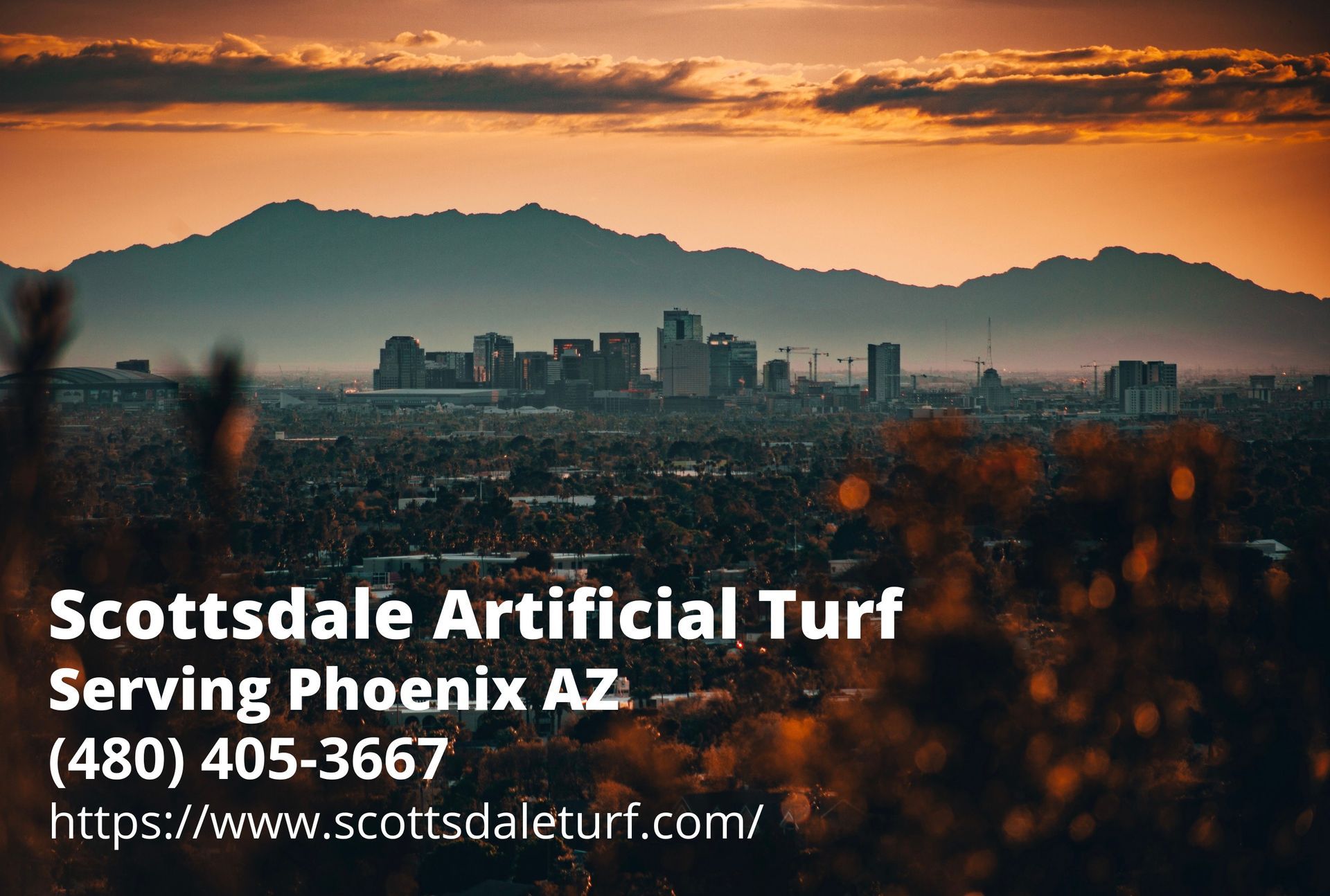 golden hour in Phoenix with business details of Scottsdale Artificial Turf - an artificial grass company serving Phoenix AZ
