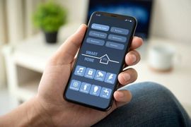 Hand holding smartphone with a smart home control app on screen