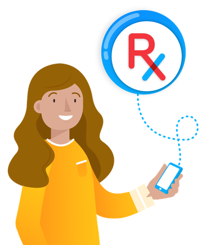 A woman is holding a cell phone next to a prescription icon.