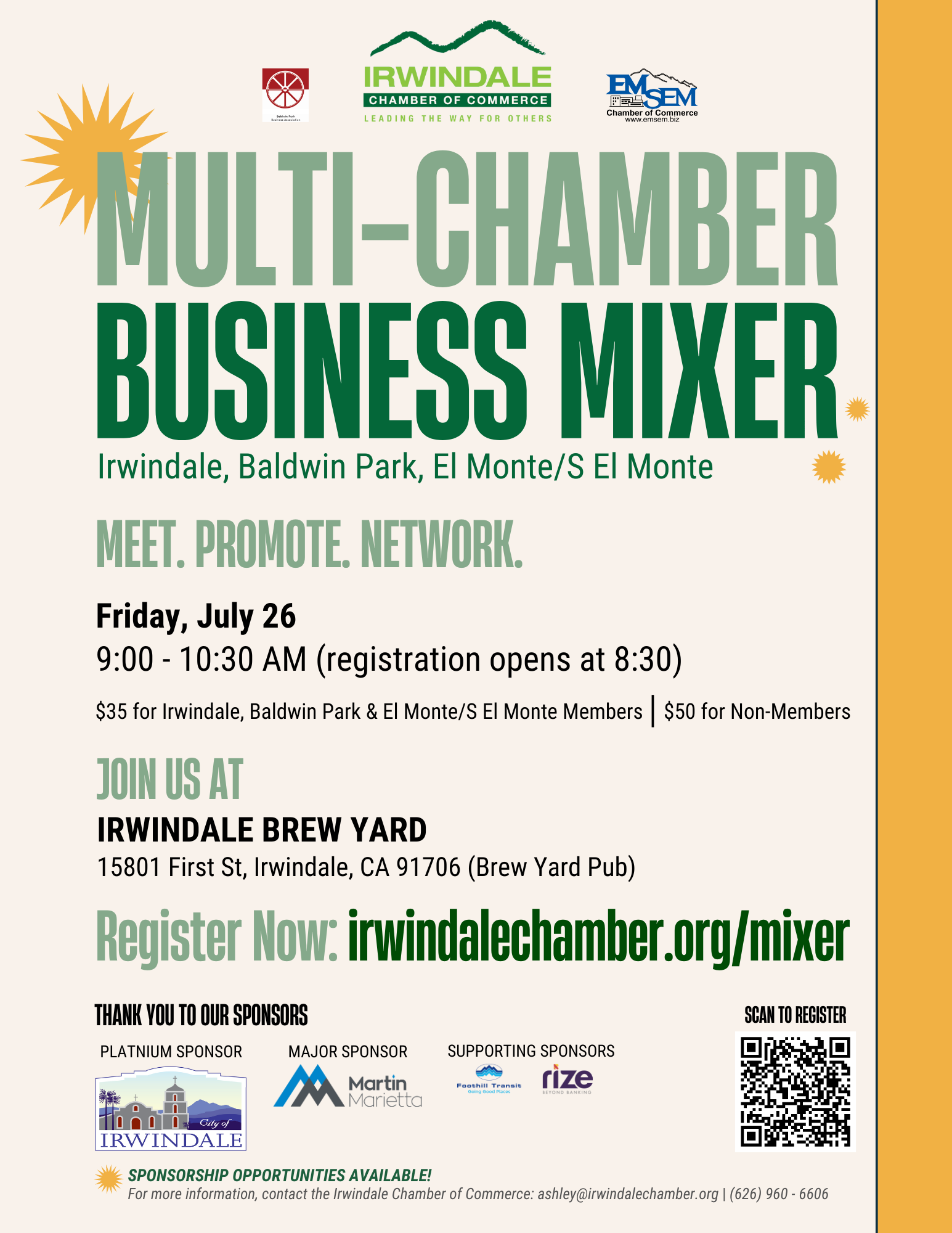 A poster for a multi-chamber business mixer on friday july 26