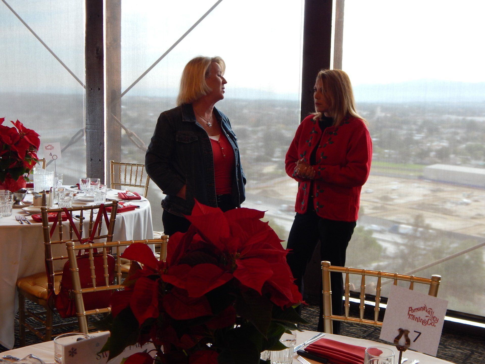 Two women standing in front of a table with a poinsettia on it