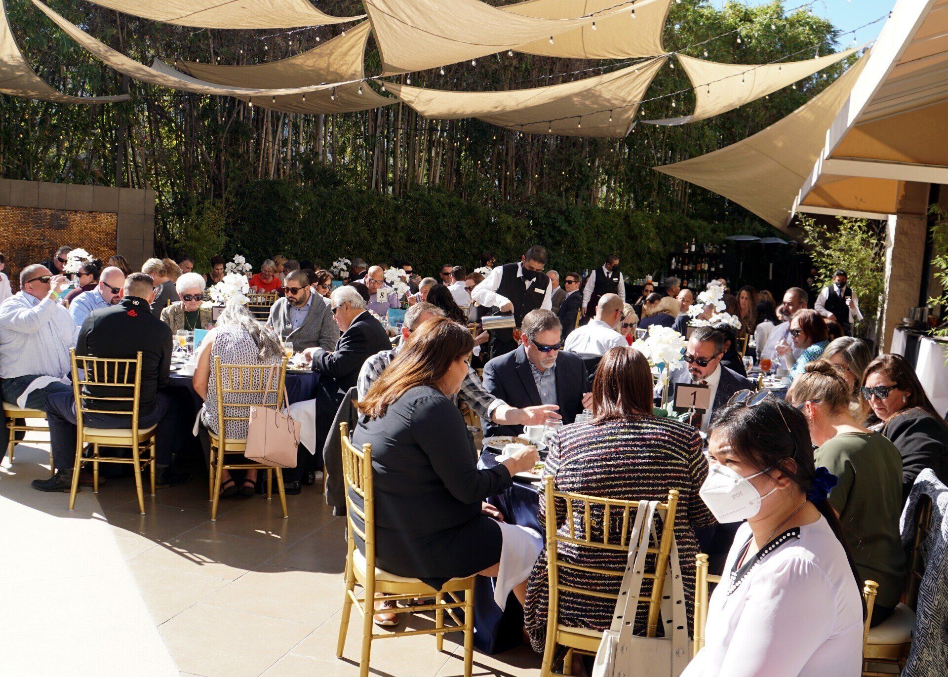 A large group of people are sitting at tables outside wearing masks.