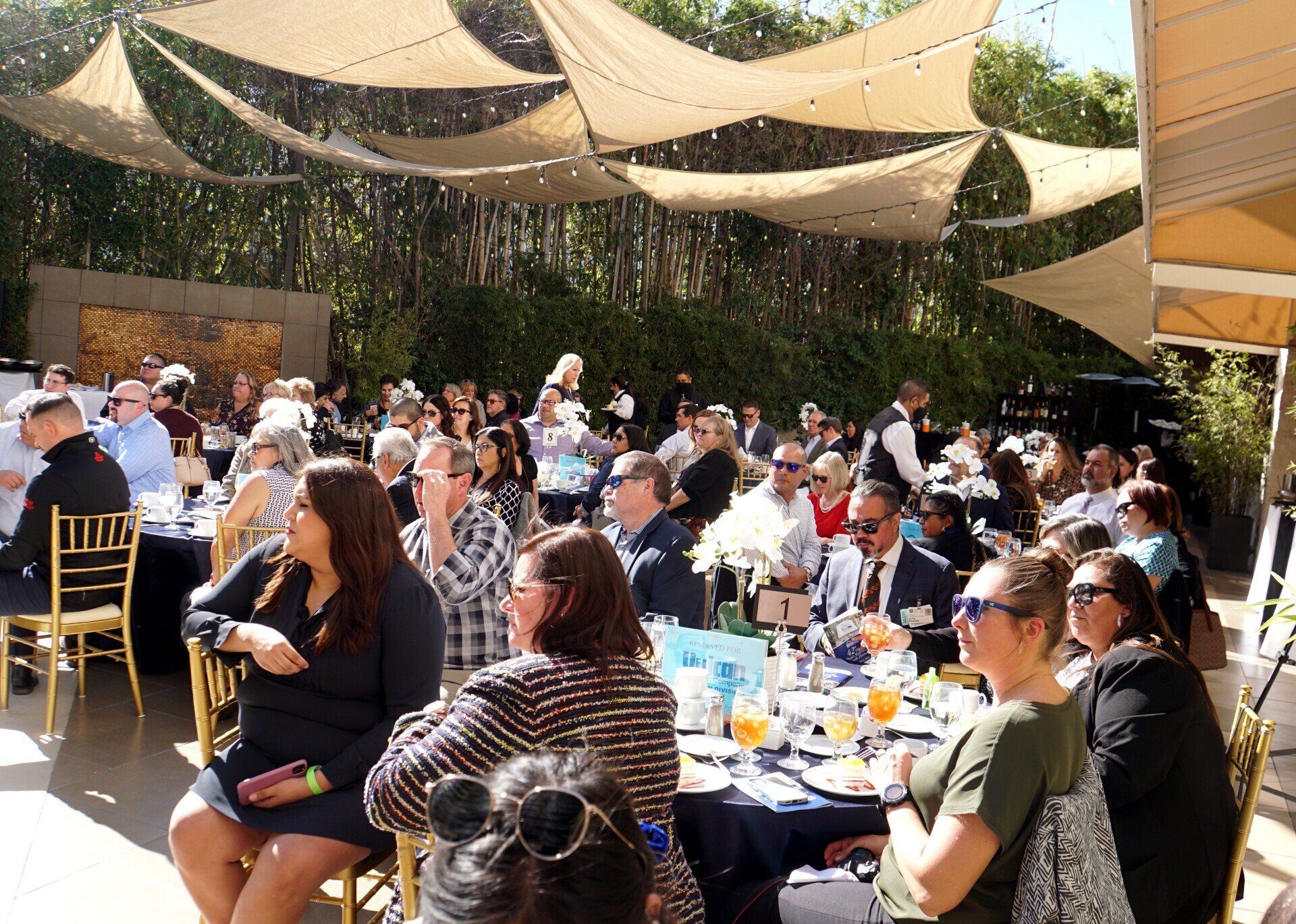 A large group of people are sitting at tables outside under umbrellas