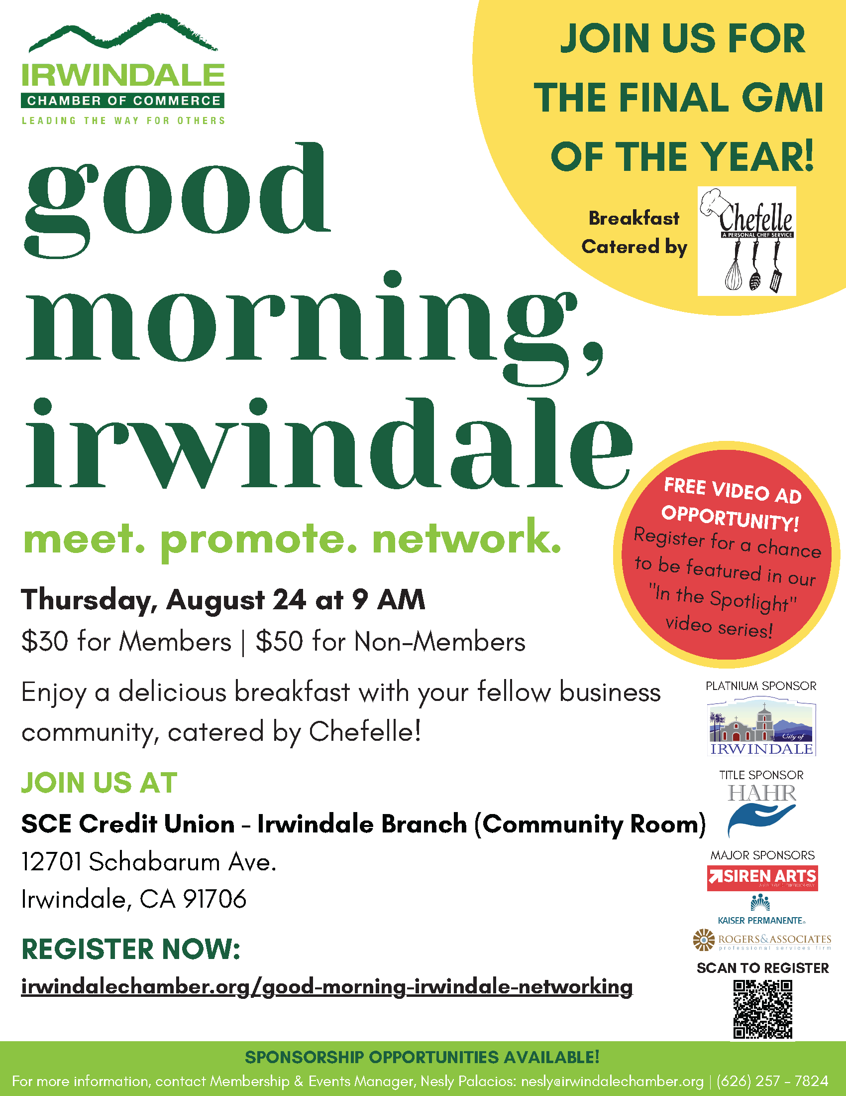 A poster that says good morning irwindale meet promote network