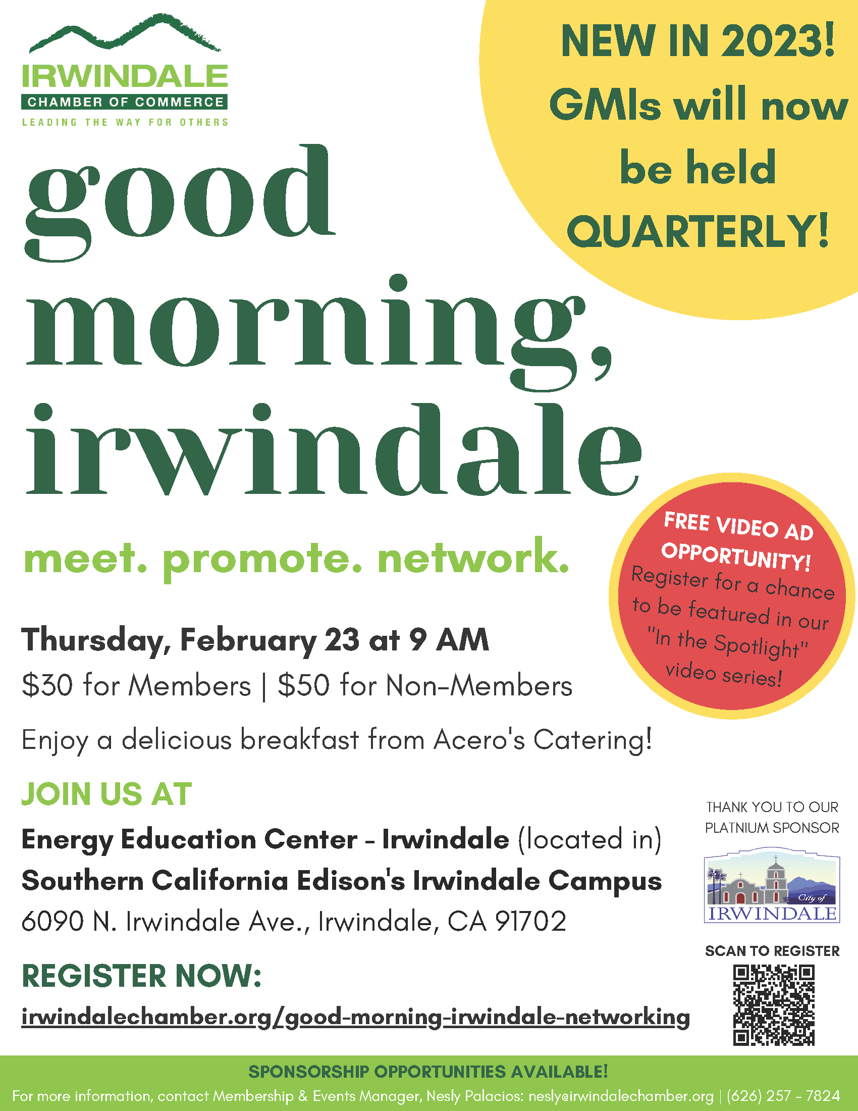 A poster that says `` good morning , irwindale meet promote network ''
