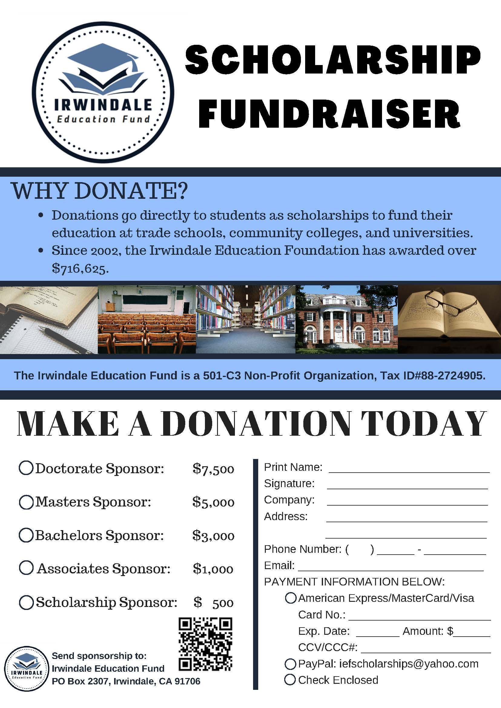 A scholarship fundraiser flyer asking people to make a donation today.