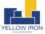 The logo for yellow iron investments is blue and yellow.