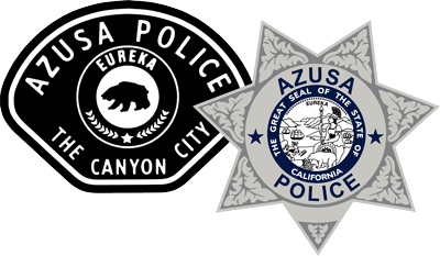 A black and white patch and a silver badge for azusa police