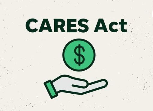 A hand is holding a green dollar sign in front of the words cares act.