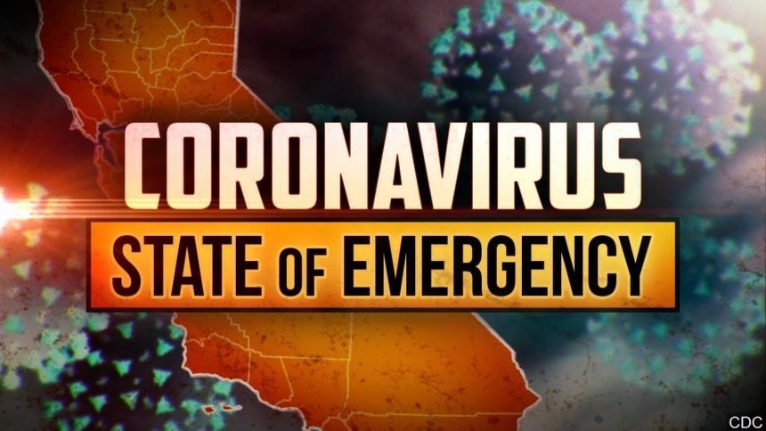 A map of california with the words `` coronavirus state of emergency '' written on it.