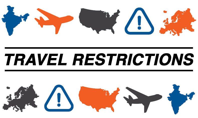 A logo for travel restrictions with planes and maps
