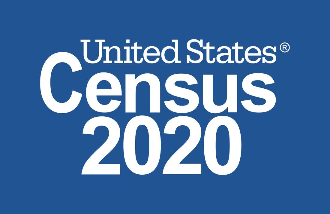 A blue logo for the united states census 2020