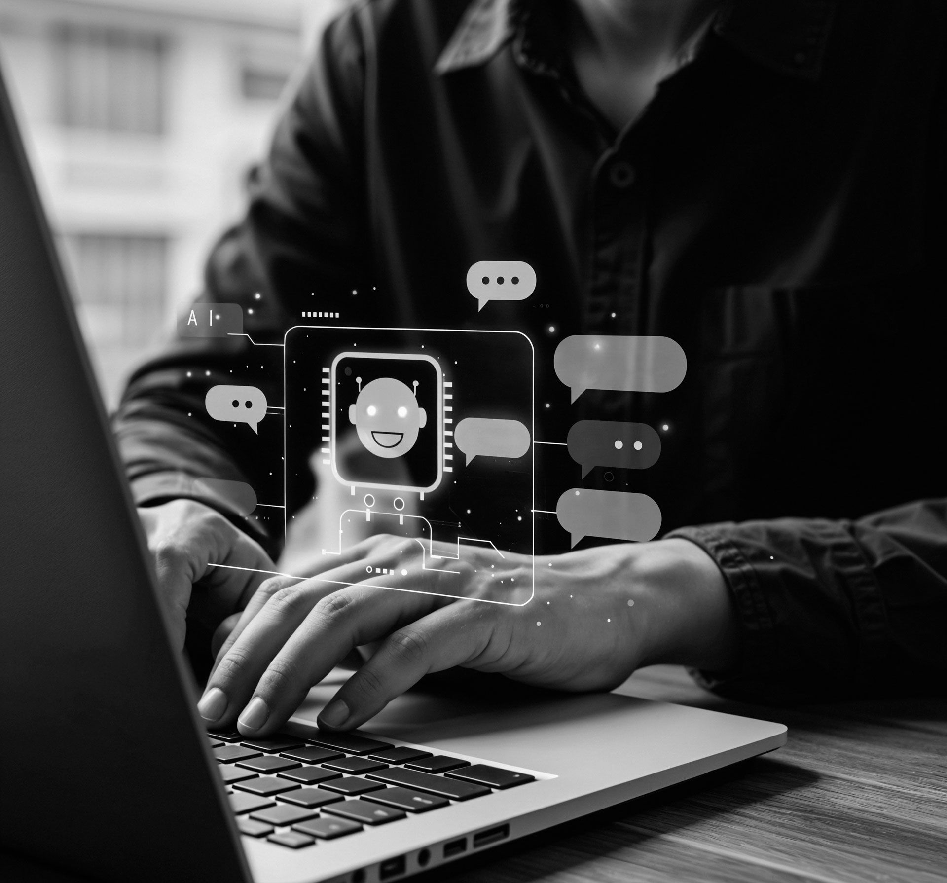 Person typing on a laptop with chatbot interface overlay featuring a smiling face and speech bubbles.