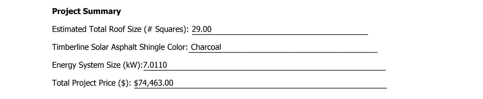 Project summary details: Estimated load size, Distribution details, energy system size, and total project cost.