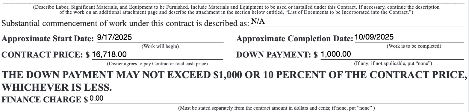 Document with contract details, including contract price, down payment, and completion date.