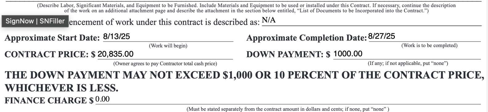 Document showing a contract with prices, a down payment and finance charge.