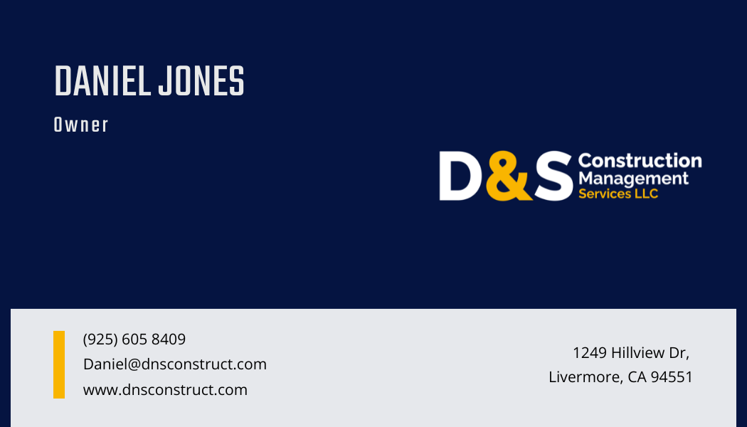 Business card for D&S Construction Management Services LLC. Features blue and yellow elements, with owner Daniel Jones.