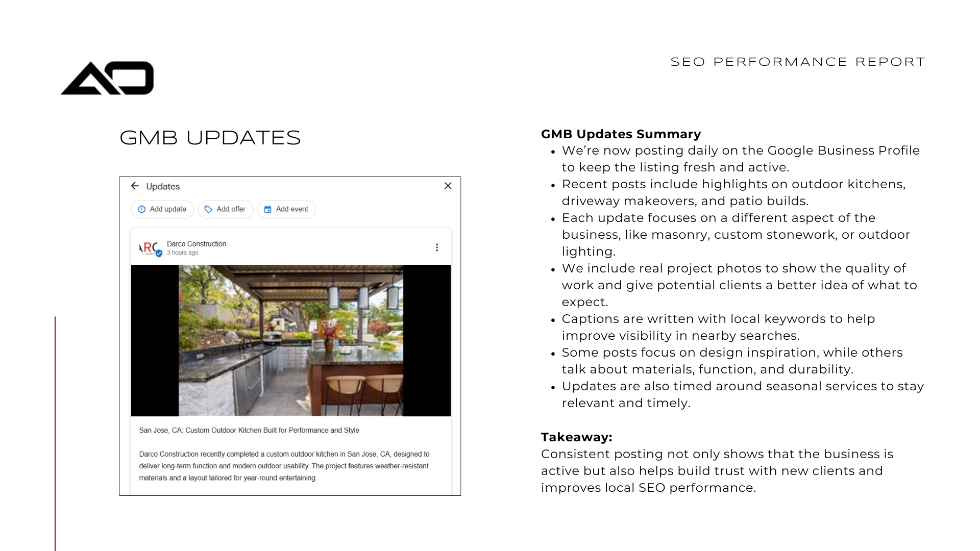 AO logo and document titled "QMD Updates". Text details and a photo of an outdoor kitchen.