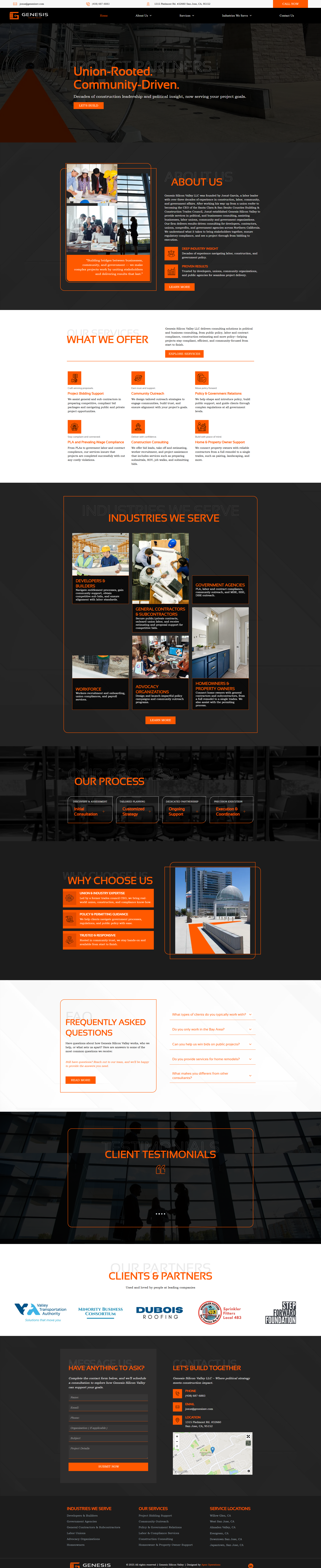 Website design with a dark orange and grey color scheme, showing images of interior spaces.