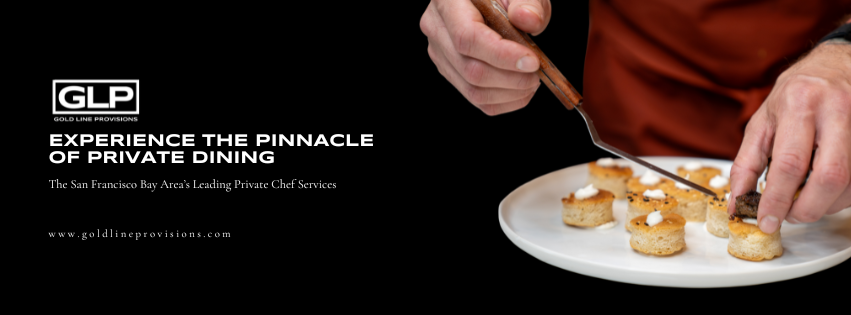Chef plating appetizers on a white plate. Black background with text and logo for private dining.