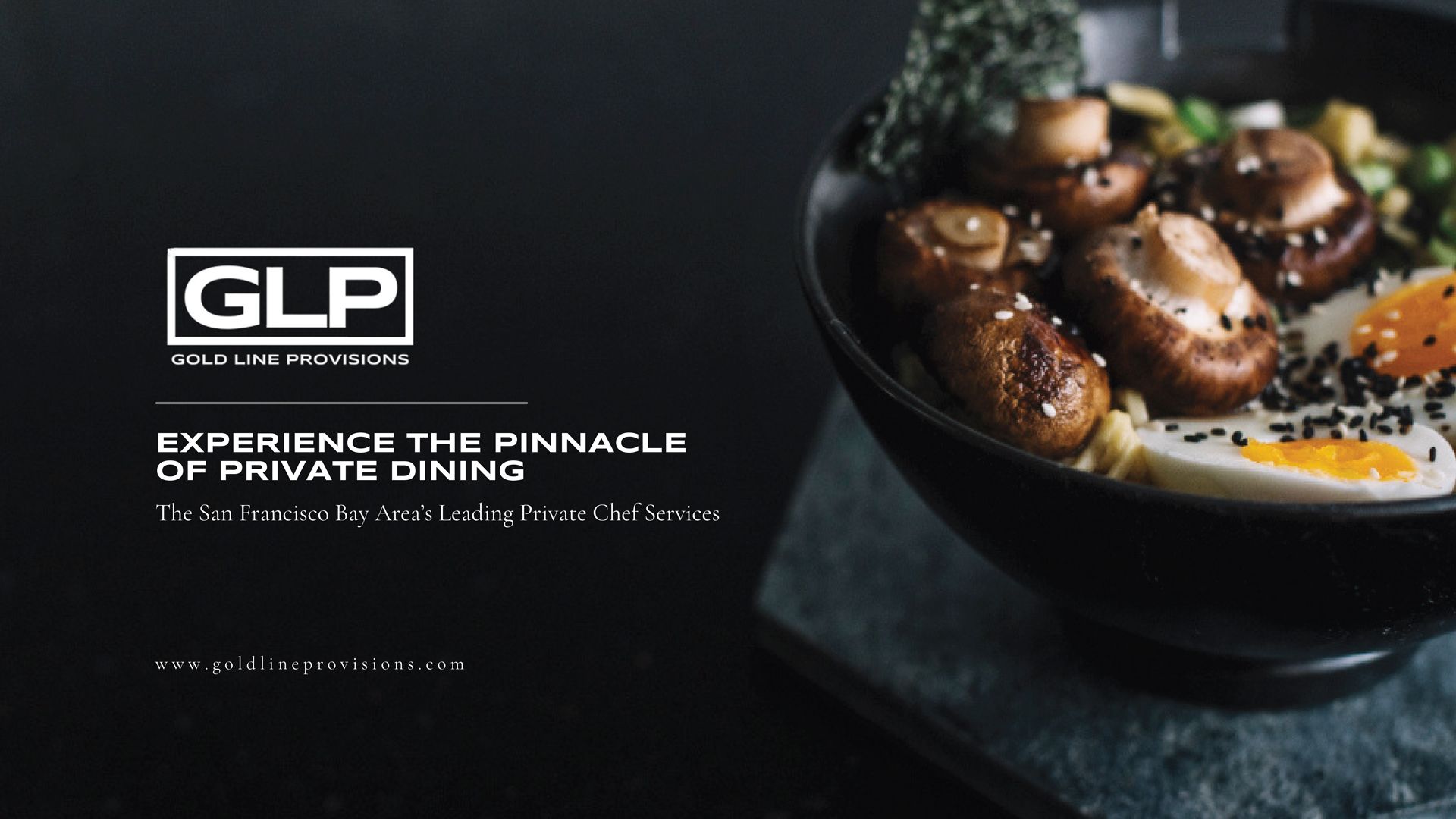 Black bowl of ramen with mushrooms and egg; "GLP" logo and private dining promotion.