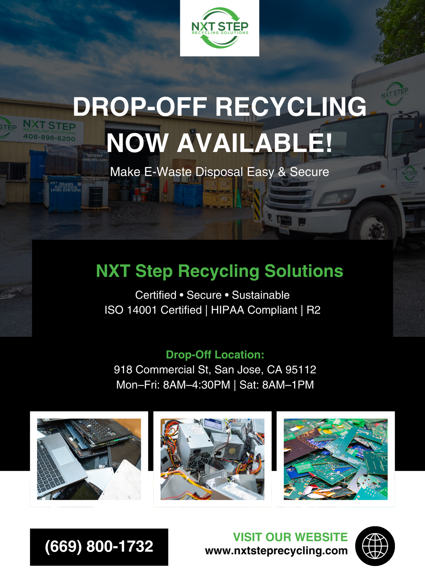 Flyer: NXT Step Recycling Solutions, drop-off recycling available. White truck, blue bins, electronics, and hours.