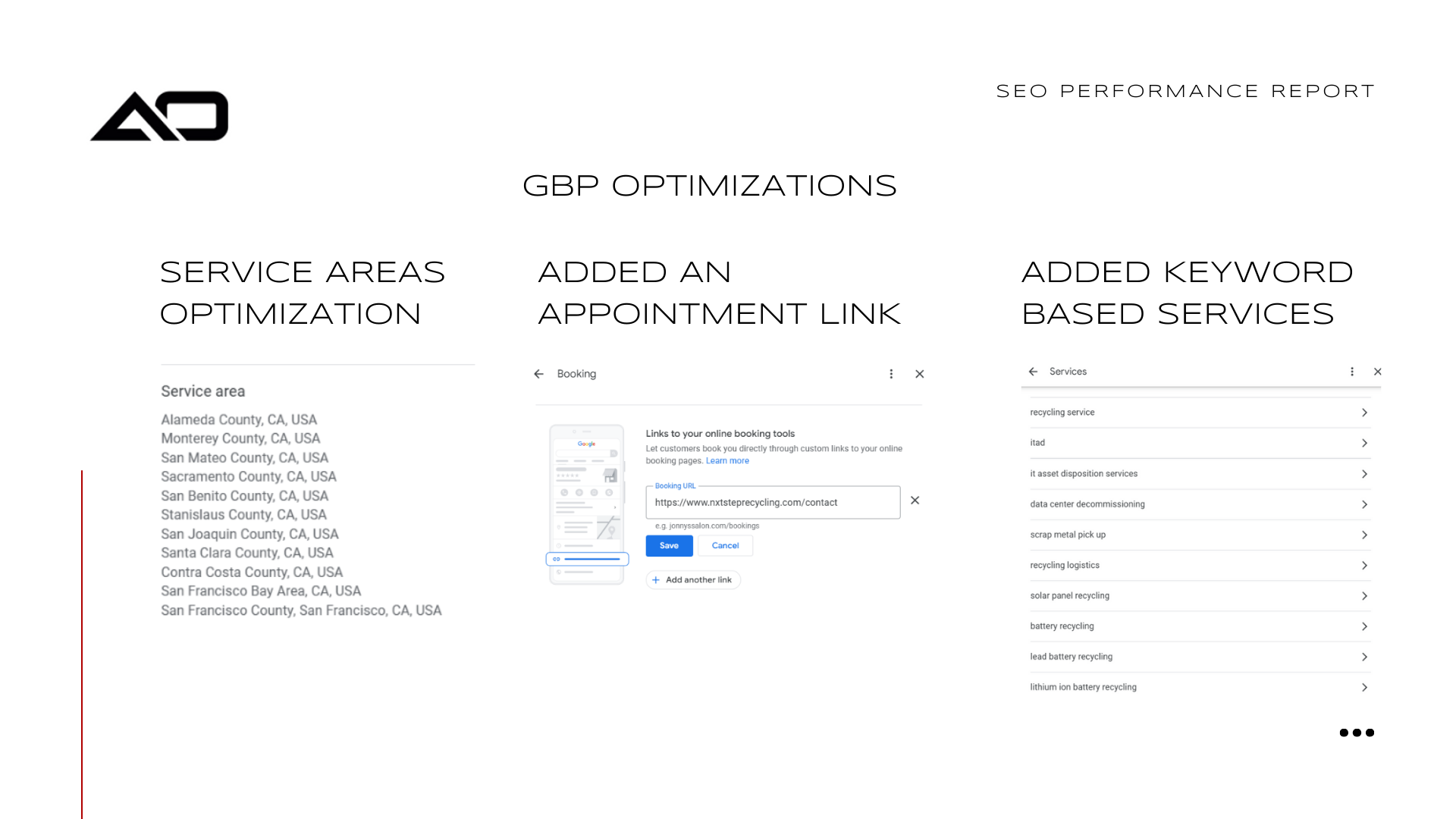 Screenshot detailing SEO optimizations: Service areas, appointment link added, and keyword-based services.