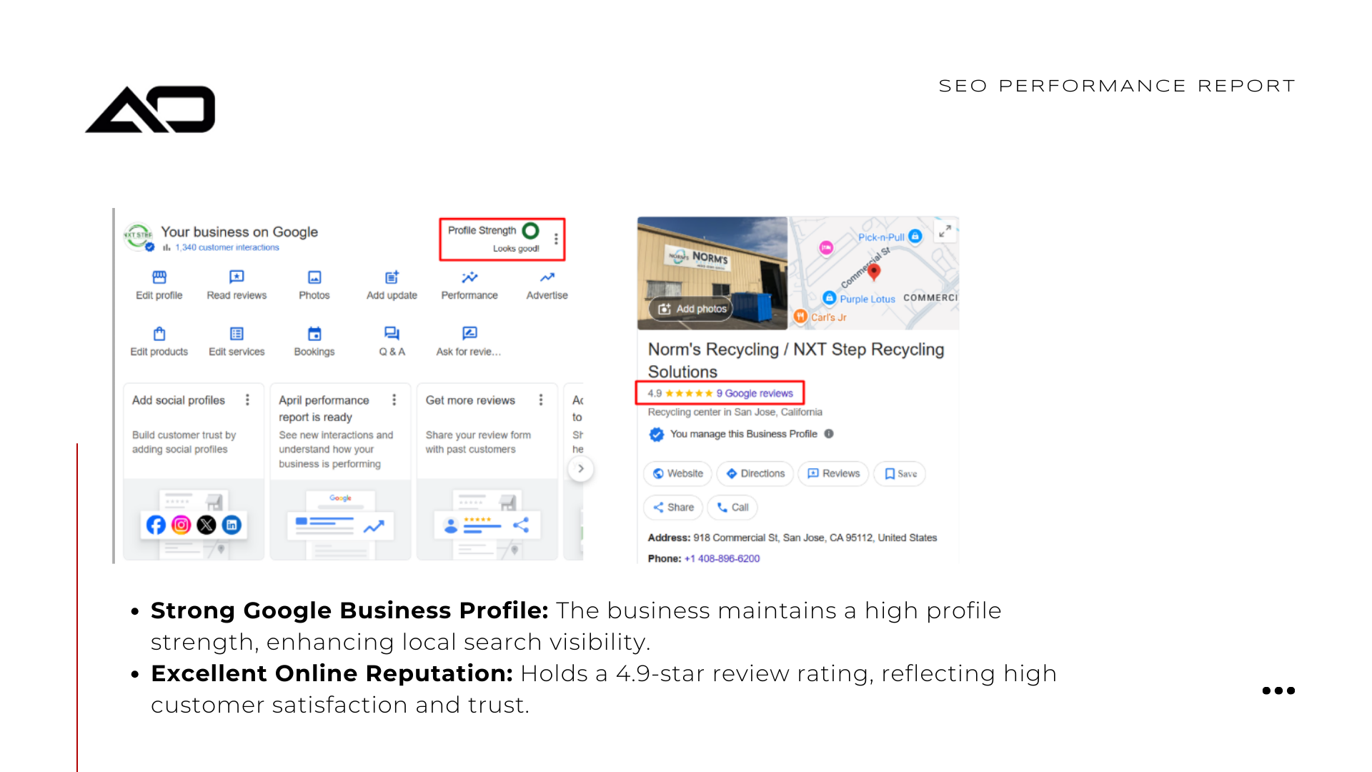 Screenshot of a Google Business Profile, showing reviews and ratings for a recycling business.