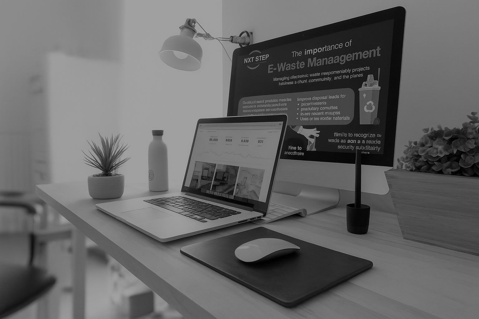 Laptop and monitor on a desk, with mouse, lamp, small plants, and a water bottle, suggesting a workspace.