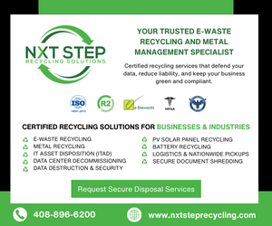 Advertisement for NXT STEP Recycling Solutions, green and white, listing recycling services and contact information.
