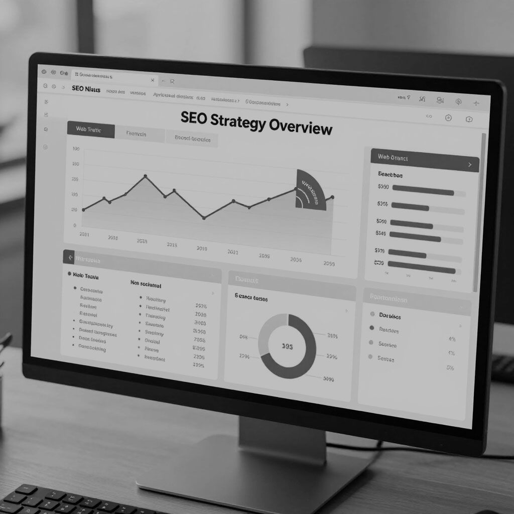 Desktop computer displaying SEO-related diagrams and the word 