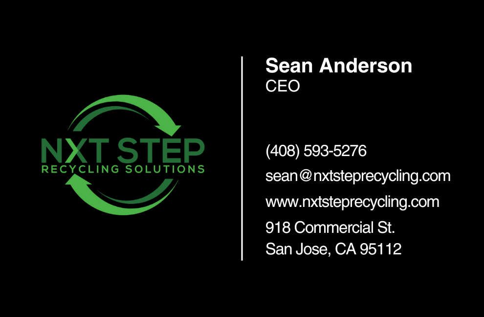 Business card for NXT STEP Recycling Solutions, featuring logo and contact info for CEO Sean Anderson.