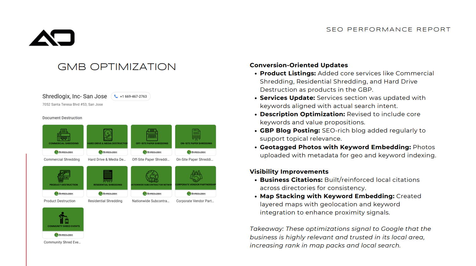 A document detailing SEO optimization with checklists, product listings, and services.