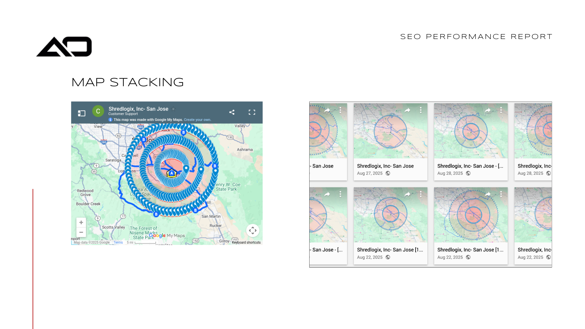 Map stacking diagram. Left: concentric circles on a map. Right: thumbnails of similar maps.