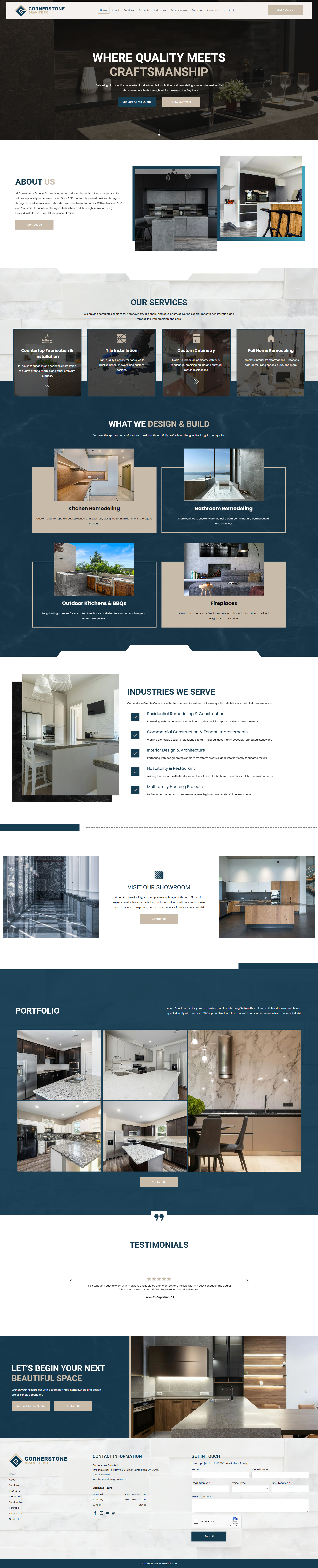 A website showcasing interior design concepts featuring multiple room images, design details, and contact information.