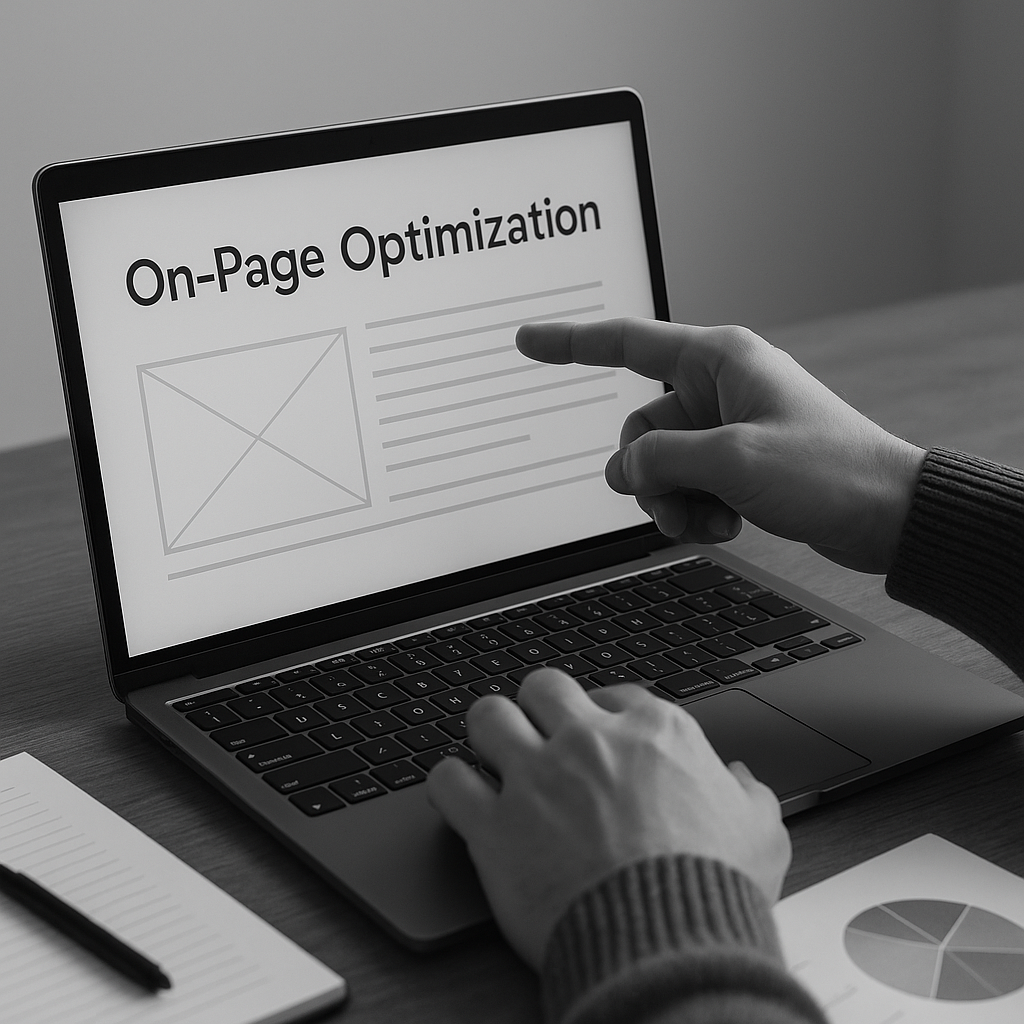 Desktop computer displaying SEO-related diagrams and the word 