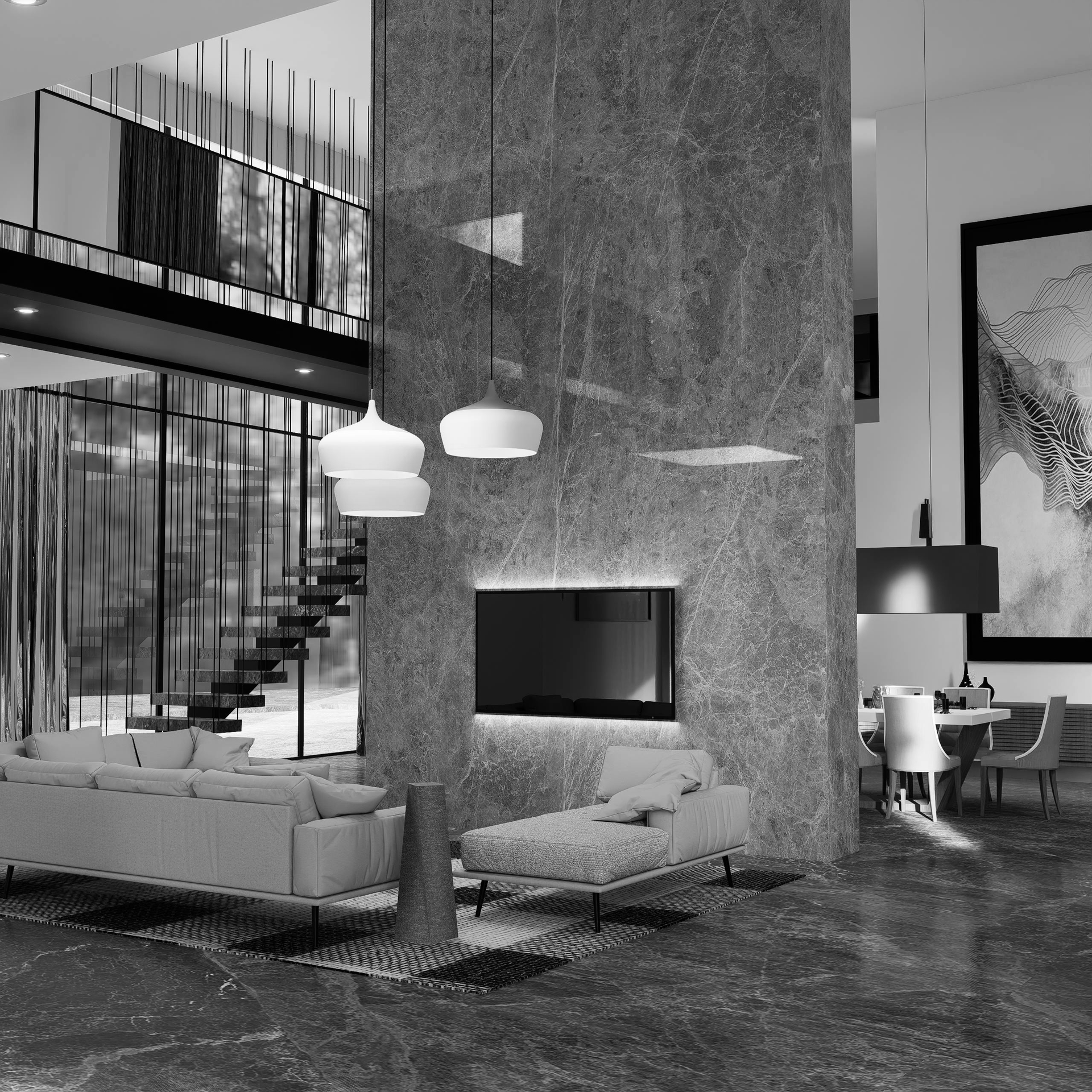 A black and white photo of a living room with a couch and chairs