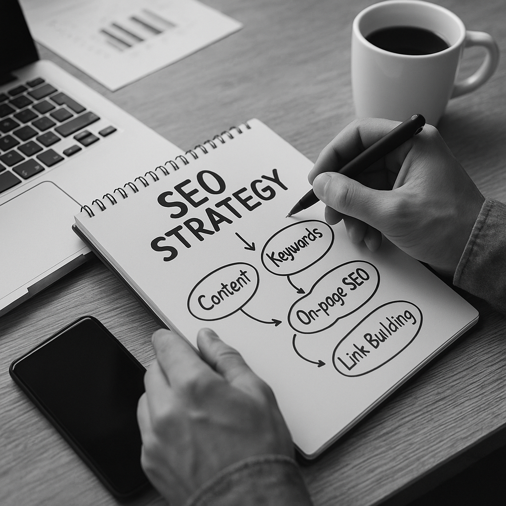 Desktop computer displaying SEO-related diagrams and the word