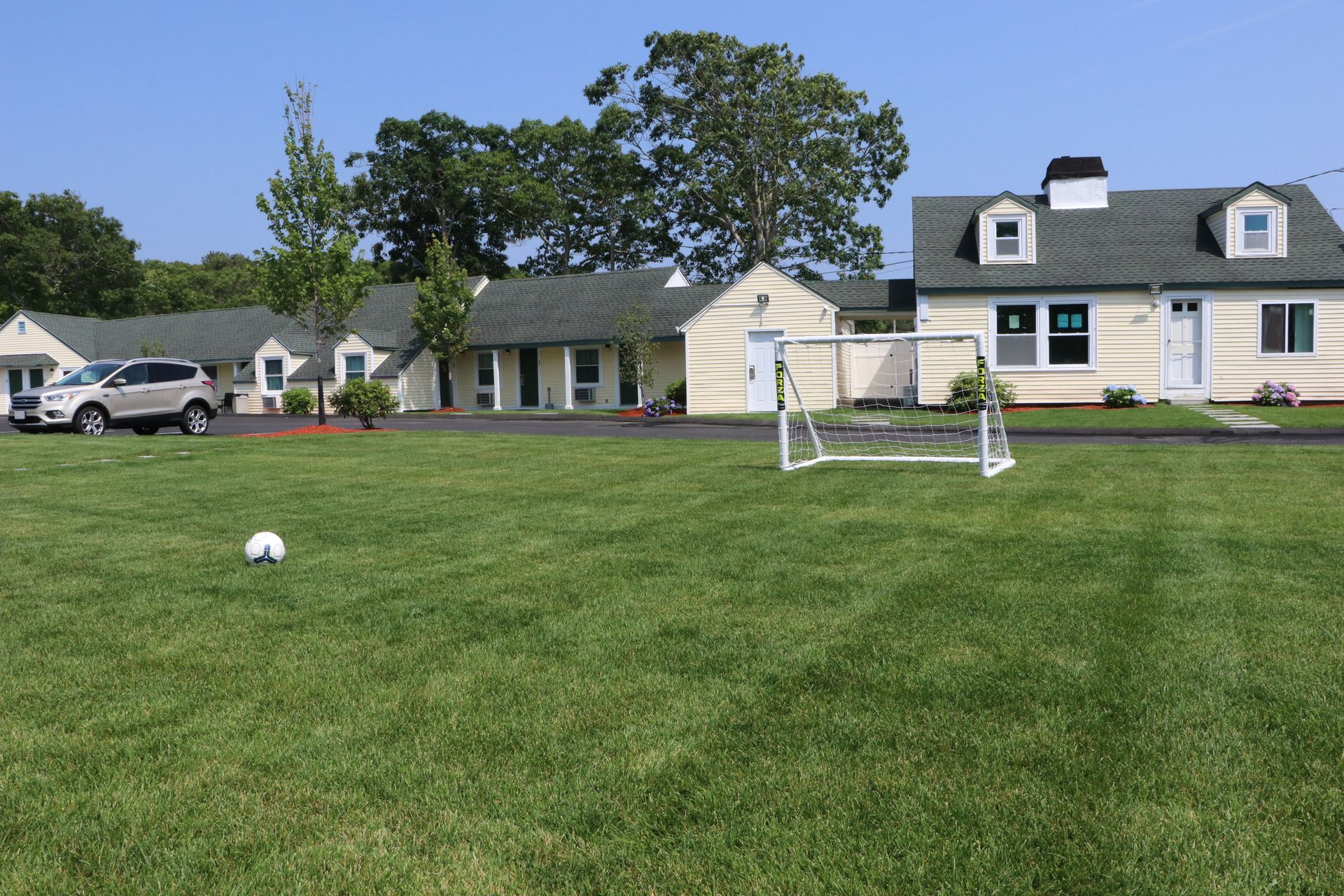 Soccer ball on a grassy lawn with a small goal. Light-yellow buildings in the background. Blue sky.