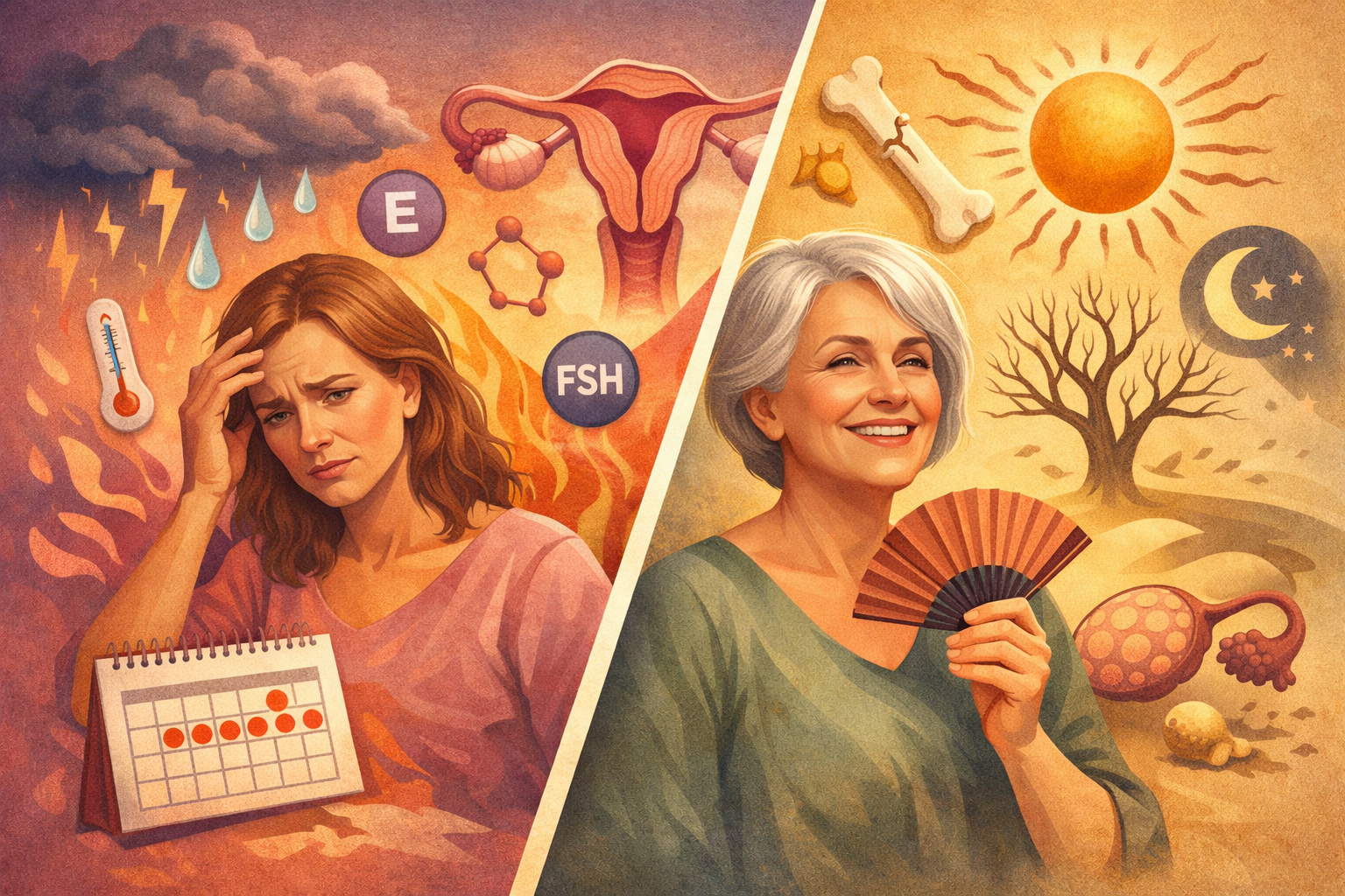 Clinical diagram showing estradiol and FSH hormone changes across
perimenopause and menopause stages