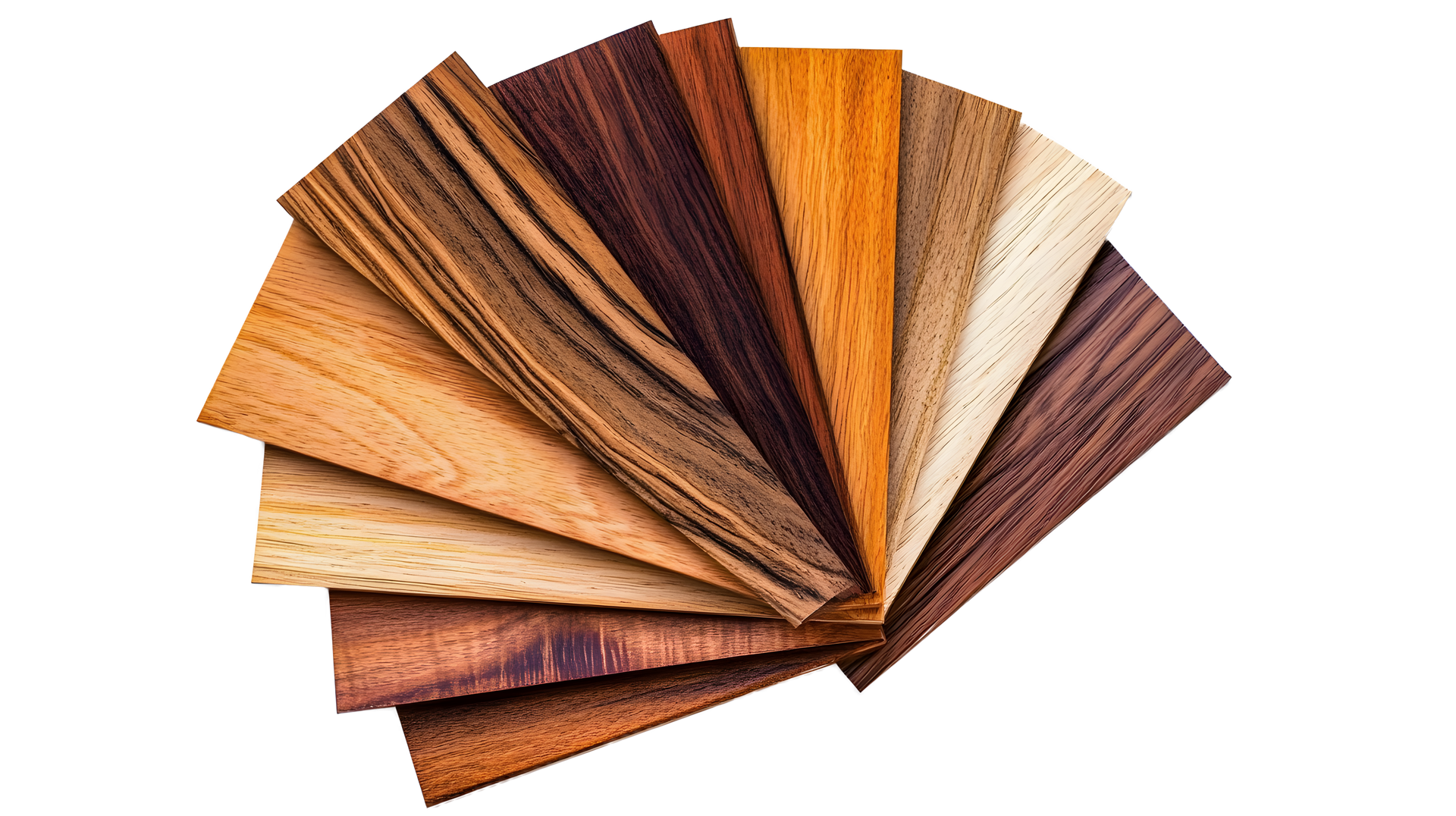 Assorted wood samples in various shades of brown, displayed in a fan-like arrangement.