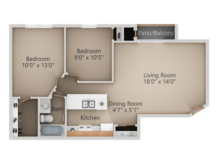 Floor plan of a two-bedroom apartment with a living room, dining area, kitchen, bathroom, and patio/balcony.