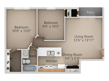 Floor plan of a two-bedroom apartment with a kitchen, living room, dining area, and patio.