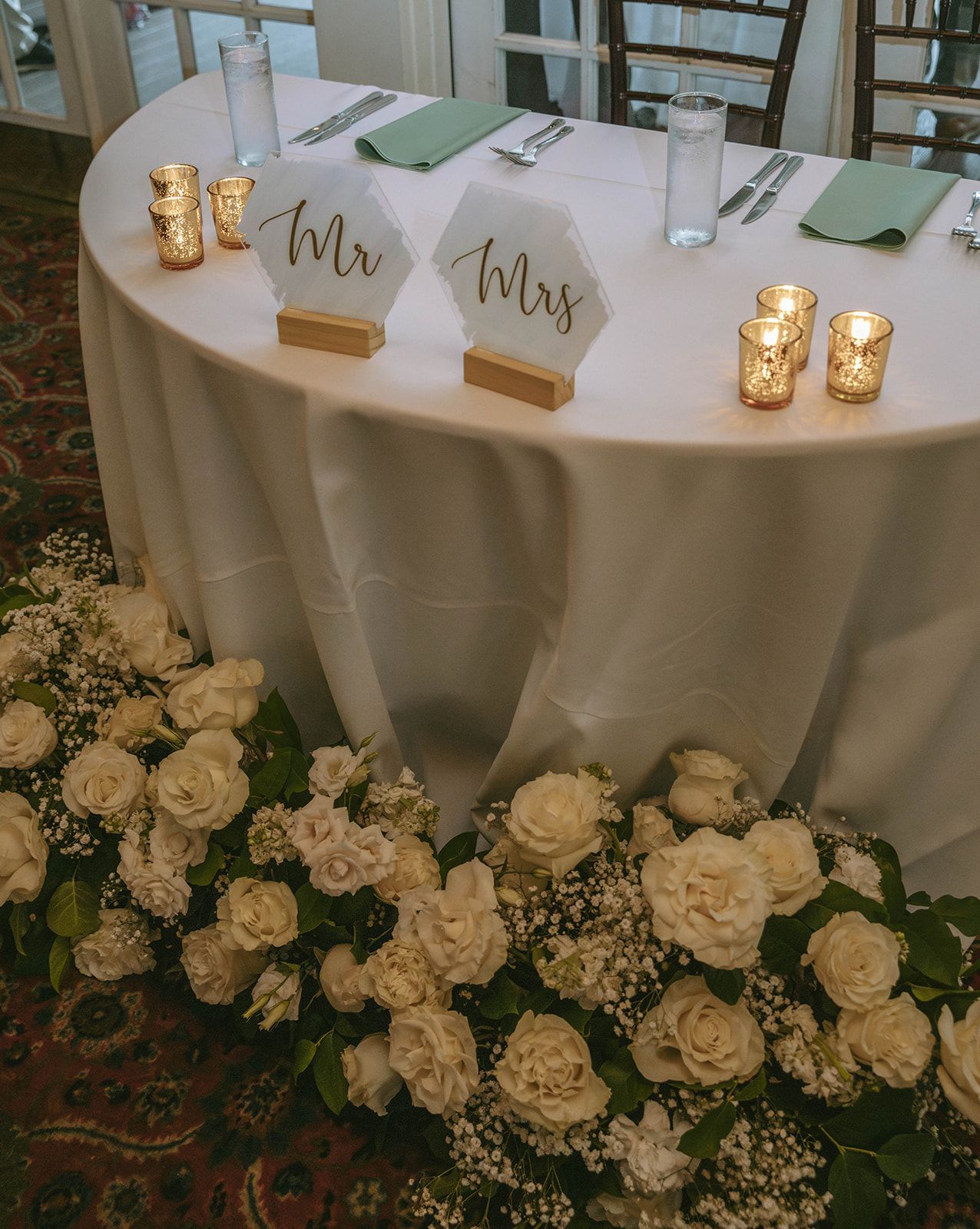 A wedding reception table with 