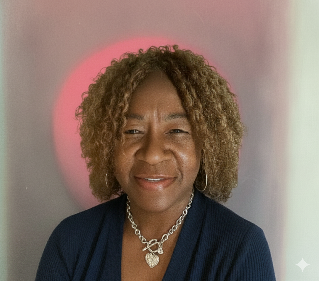 Woman with curly blonde hair wearing a blue top and silver necklace, smiling against a pink backdrop.