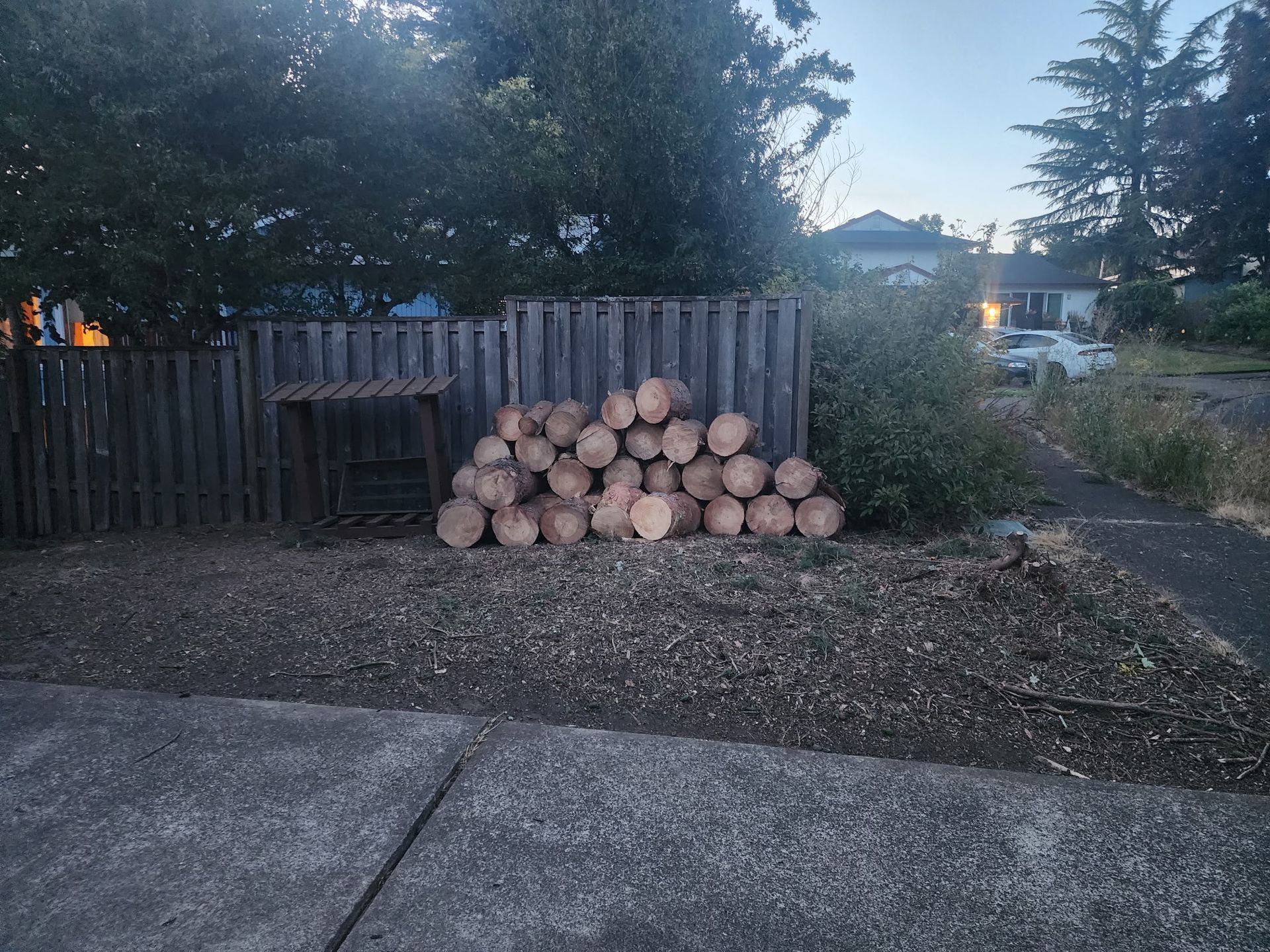A pile of logs in front of a wooden fence