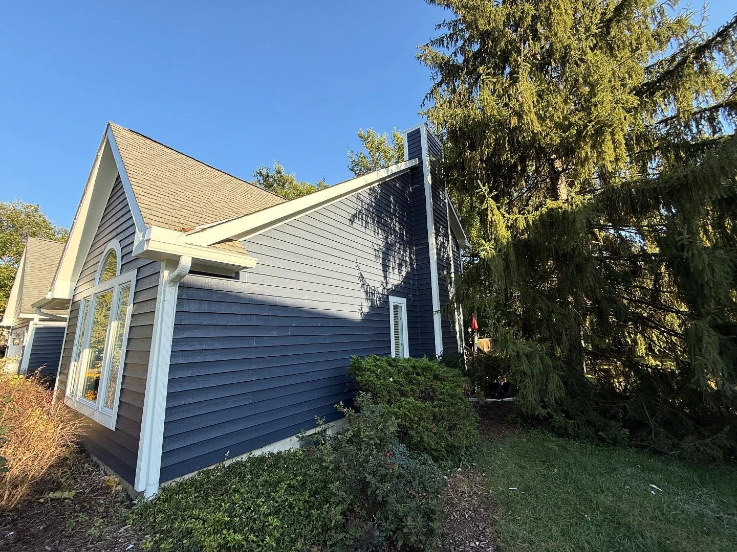 Blue house exterior with white trim and a large tree casting shade in a grassy yard